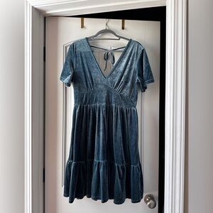 Wishlist Teal Blue Velvet V-Neck Tiered Dress